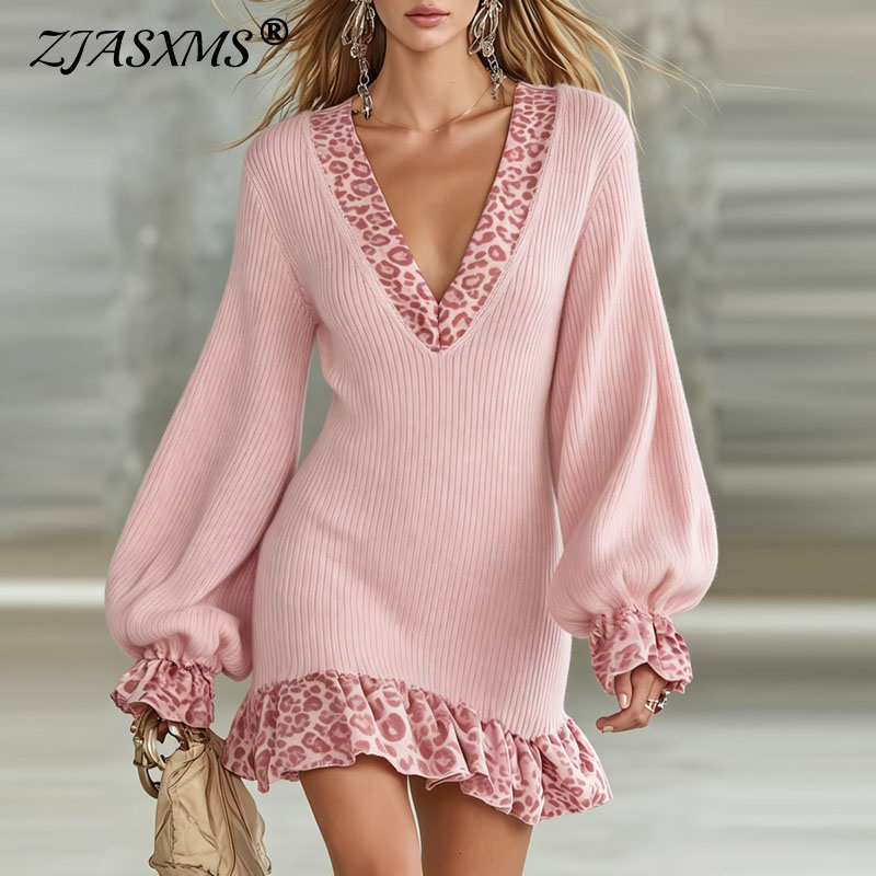 Winter Clothing H&M - Dzianinowa mini sukienka w panterkę dla