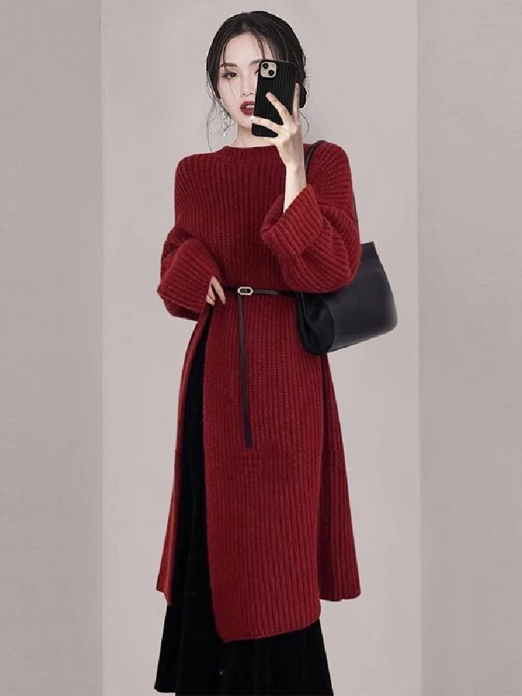 Winter Clothing H&M - Elegancka damska czerwona sukienka dzianinowa na